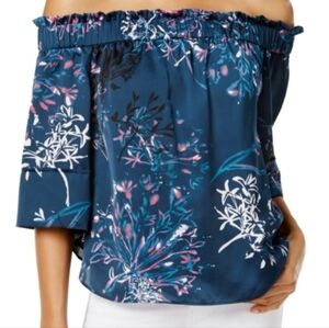 Rachel Rachel Roy Shirred Printed Teal Off the Shoulder Blouse Size Large